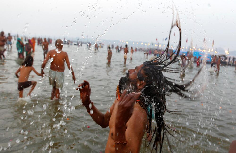 Pilgrims, devotees and ascetics at the Ganga, Prayag Kumbh, 2019. Around 14 million people are said to have participated in the Shahi Snan at Triveni sangam during the 2019 Ardh Kumbh Mela at Prayag. 