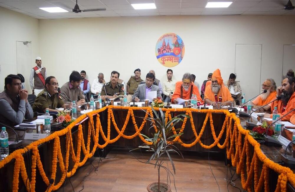 Co-ordination meeting of Mela Parishad officials and representatives of Akhil Bharatiya Akhara Parishad at Prayagraj (Allahabad), 2019. A lot of planning and preparation goes into the organization of a Kumbh Mela. The order of the shahi snan (royal bath) has to be determined and logistics of crowd control, security and hygiene have to be carefully looked into by the Mela administration. 