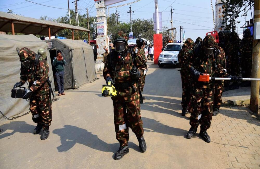 Mock drill by security forces at the Prayag Kumbh, 2019. Security and crowd management is of prime importance at the Kumbh Mela. 