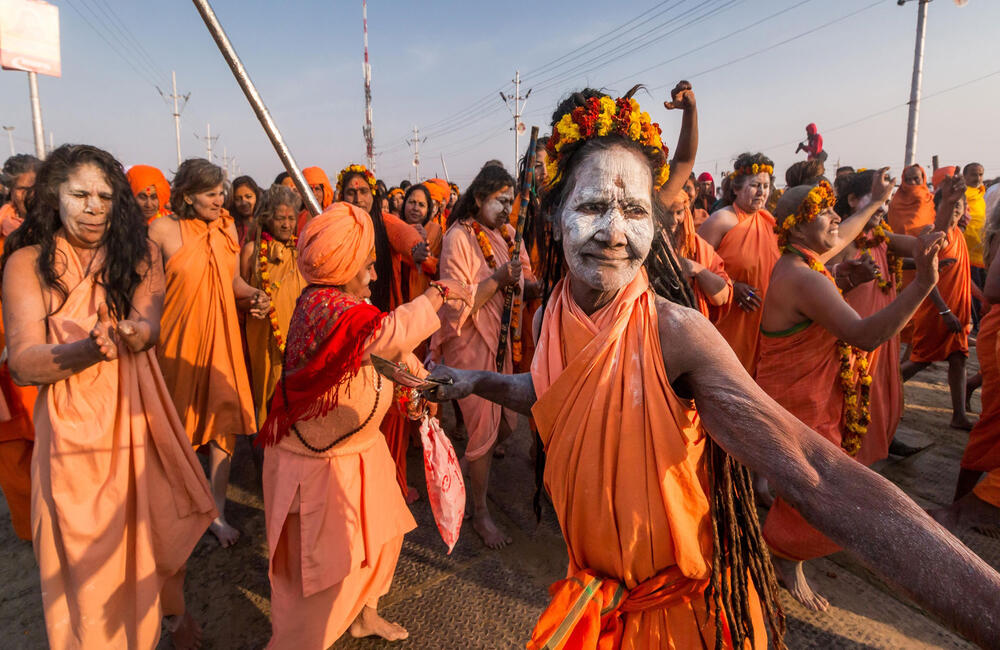 A procession of female ascetics at the Prayag Kumbh, 2019. The Kumbh Mela is a time for celebration and joyfulness for many. It is a time to meet people and feel the power of oneness. 