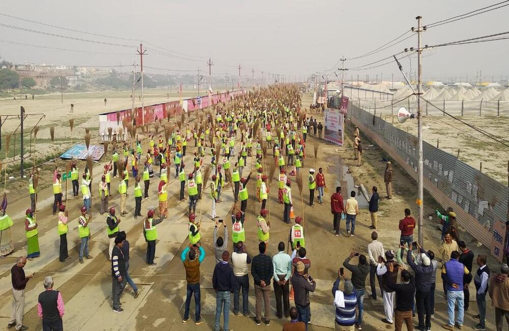 Roll call of cleaners at the Prayag Kumbh, 2019. More than 10,000 cleaners were deployed by the mela administration to ensure a clean mela experience for pilgrims and devotees. 