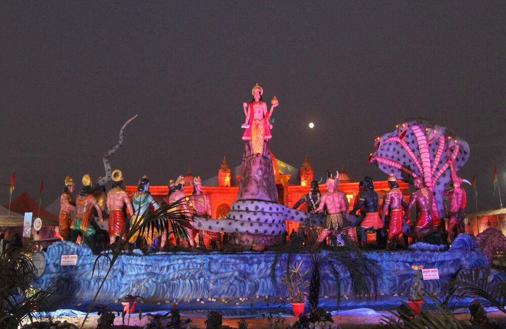 A diorama of the samudra manthan (ocean-churning) episode from the Puranas at Sanskriti Gram (culture village) the Kumbh Mela in Prayagraj (Allahabad), 2019. The etymology of the term ‘Kumbh’ is associated with the immortal pot of nectar or amrita from the samudra manthan (ocean-churning) episode mentioned in various texts like the Bhagavata Purana, the Mahabharata and the Vishnu Purana. 