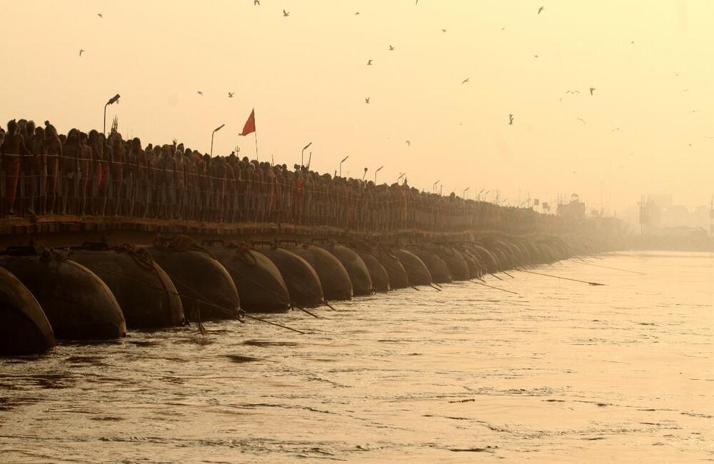 An akhara (ascetic sect) procession on their way to a shahi snan (royal bath) at Maghi Purnima at the Prayag Kumbh, 2019. On auspicious days like those of the Shahi Snan (royal bath) also called the Rajyogi Snan millions of pilgrims follow the akharas into the sacred waters. The Shahi Snan is believed to have the potential of rewarding the pilgrim with spiritual rewards so the timings are assigned after careful calculations.