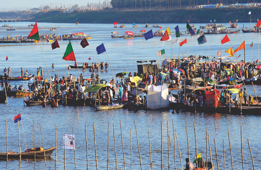 The Triveni sangam at Prayagraj (Allahabad). The Triveni sangam (confluence) is considered to be one of the holiest pilgrimage sites in Hinduism as it is the meeting point of three sacred rivers, Ganga, Yamuna and the mythical Saraswati. 