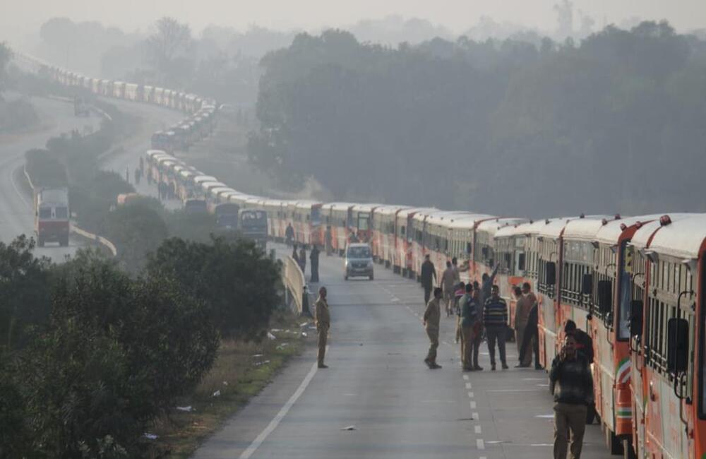 A special parade of Kumbh Mela buses at Prayagraj (Allahabad), 2019. Besides the colourful processions of sadhus and sadhvis 500 special Kumbh Mela buses were paraded at the city of Prayagraj (Allahabad) in March 2019 by the Uttar Pradesh State Road Transport Corporation (UPSRTC) at the Kumbh Mela creating a Guinness World Record for the largest parade of buses in the world. 